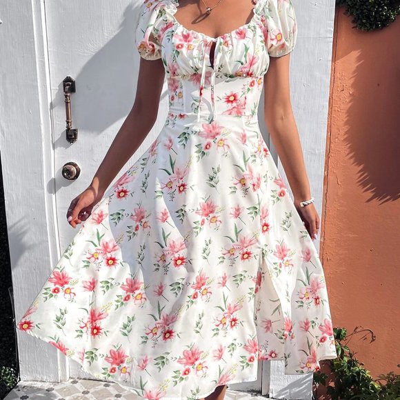 . Dresses & Skirts - Boho Floral Print Puff Sleeve Knot Front Split Thigh Dress